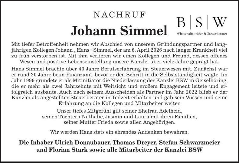 Traueranzeige Hans Simmel