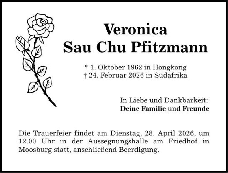Traueranzeige Veronica Sau Chu Pfitzmann