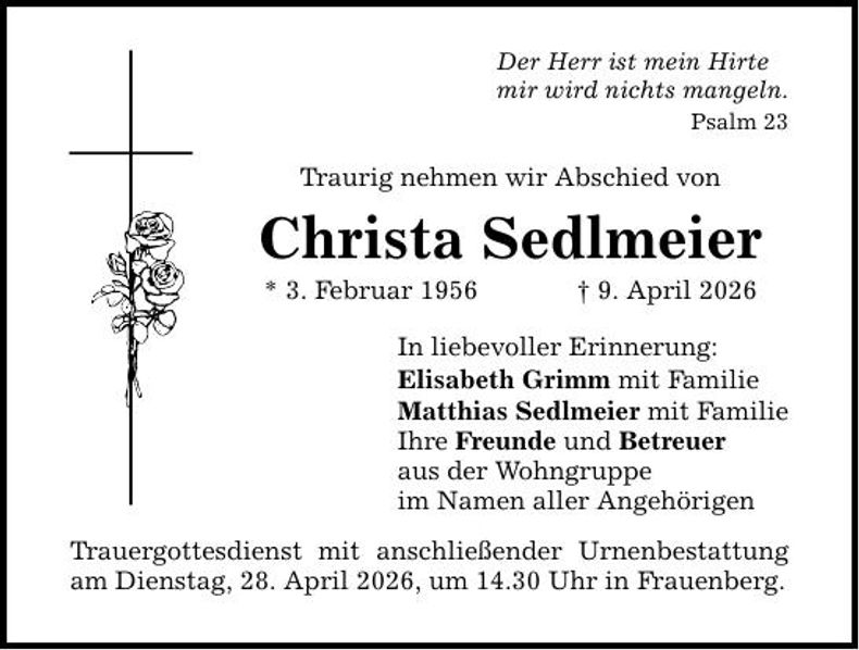 Traueranzeige Christa Sedlmeier