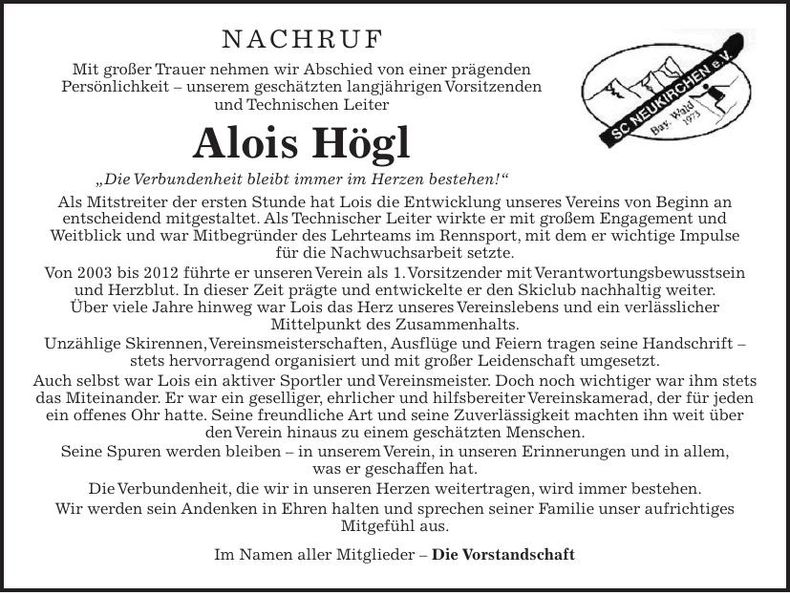 Traueranzeige Alois Högl