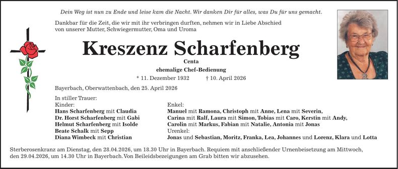 Traueranzeige Kreszenz Scharfenberg