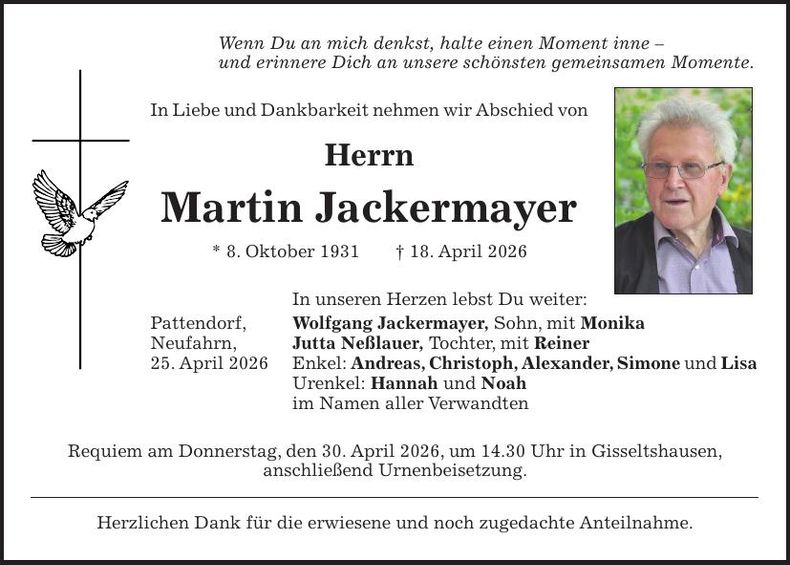 Traueranzeige Martin Jackermayer