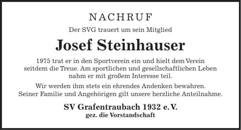 Traueranzeige Josef Steinhauser