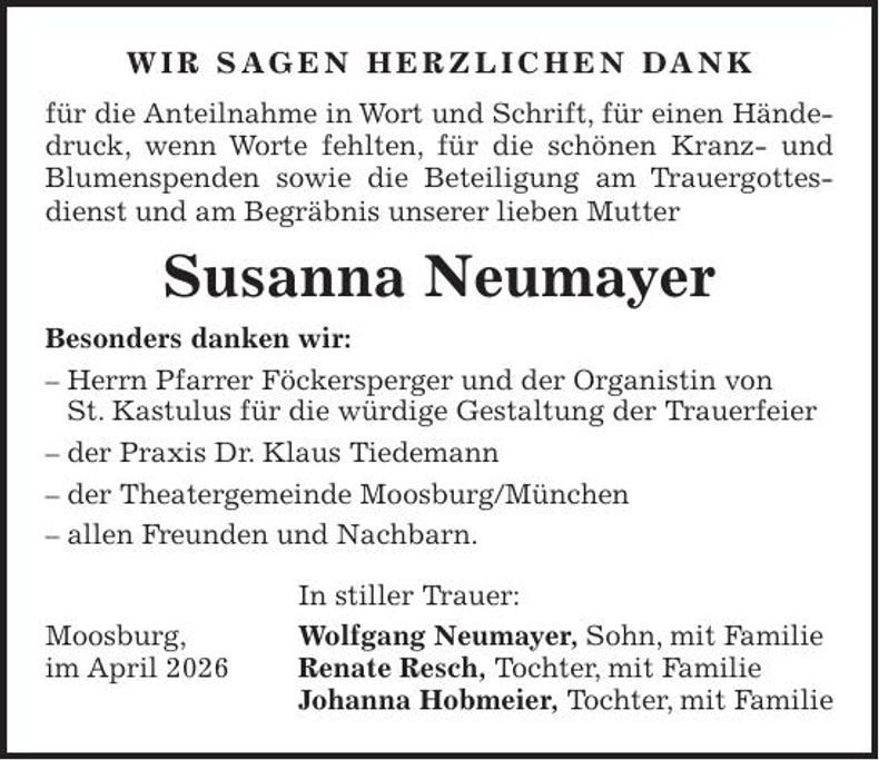 Traueranzeige Susanna Neumayer