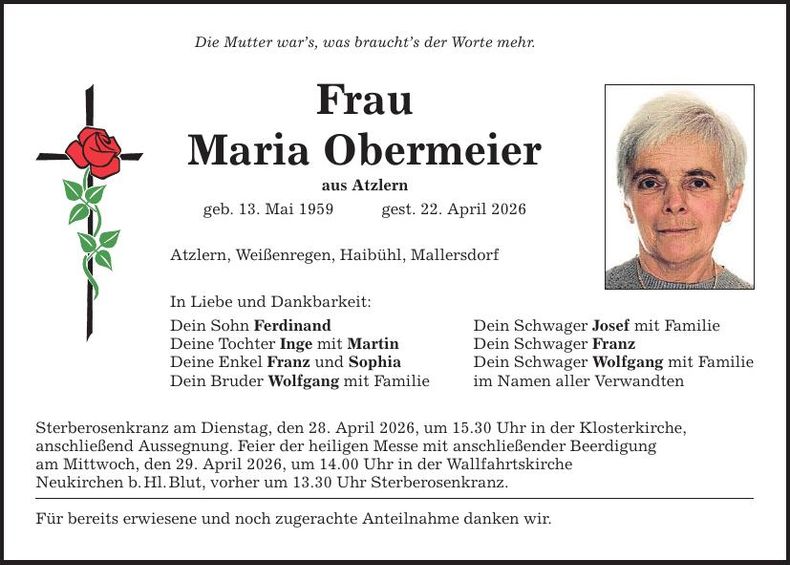Traueranzeige Maria Obermeier