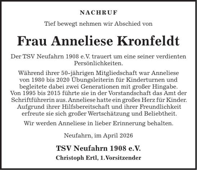 Traueranzeige Anneliese Kronfeldt