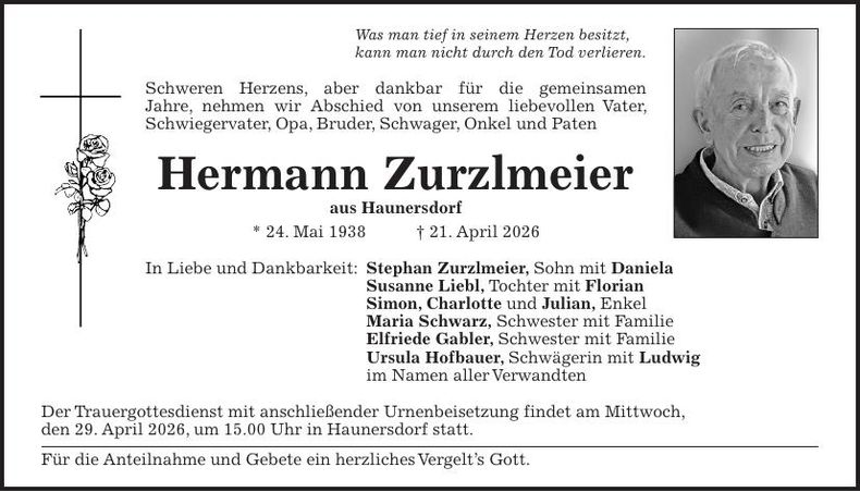 Traueranzeige Hermann Zurzlmeier