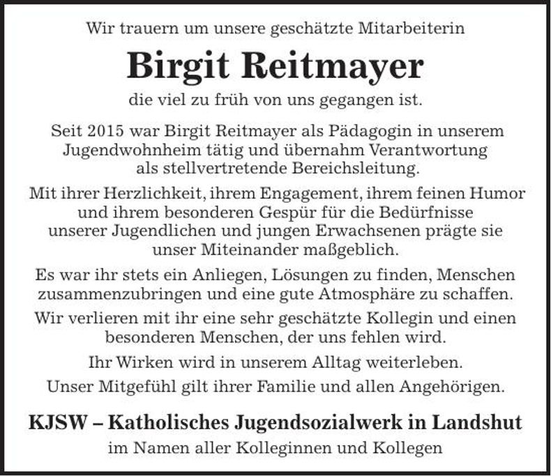 Traueranzeige Birgit Reitmayer