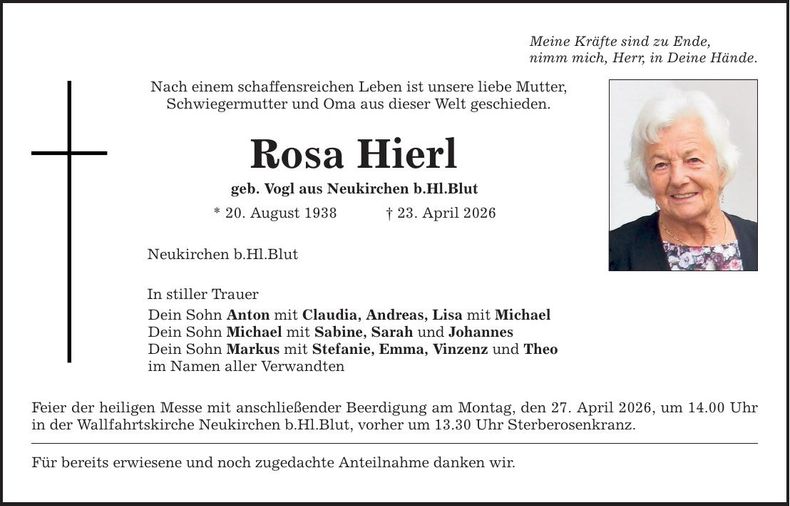 Traueranzeige Rosa Hierl