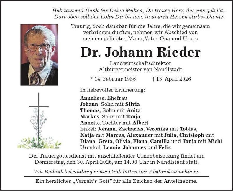 Traueranzeige Johann Rieder