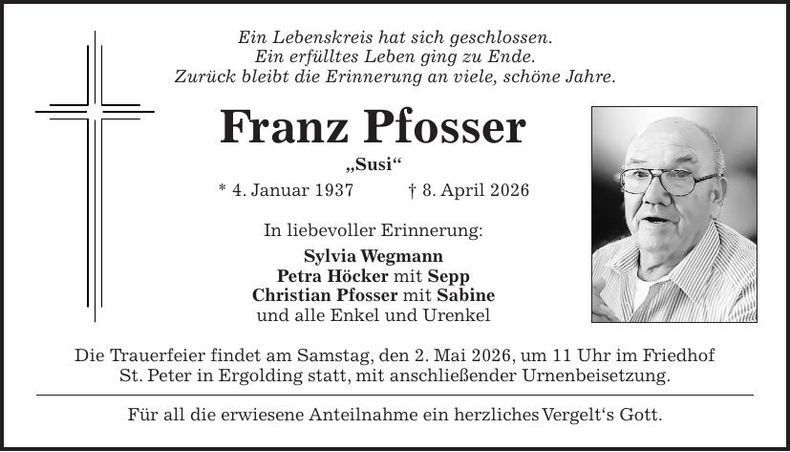 Traueranzeige Franz Pfosser