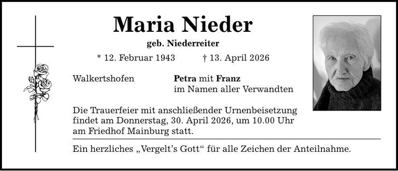 Traueranzeige Maria Nieder