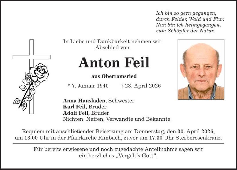 Traueranzeige Anton Feil