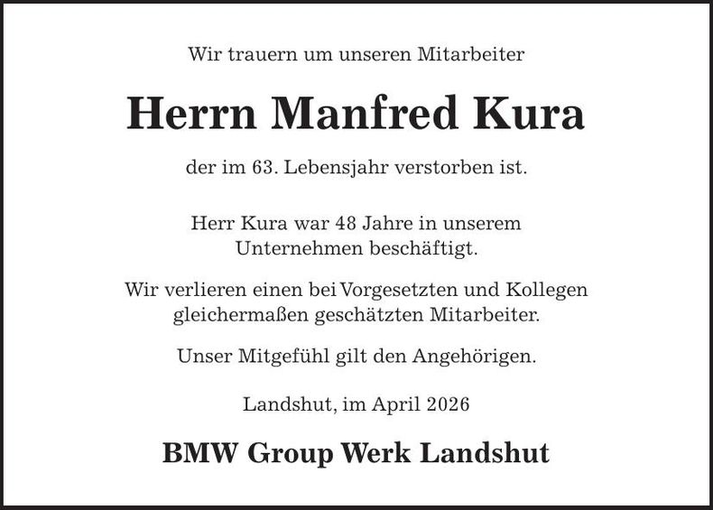 Traueranzeige Manfred Kura