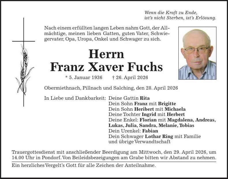 Traueranzeige Franz Xaver Fuchs