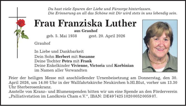 Traueranzeige Franziska Luther