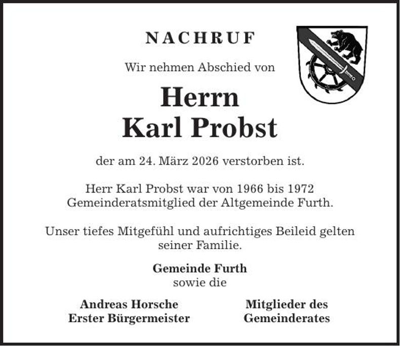 Traueranzeige Karl Probst