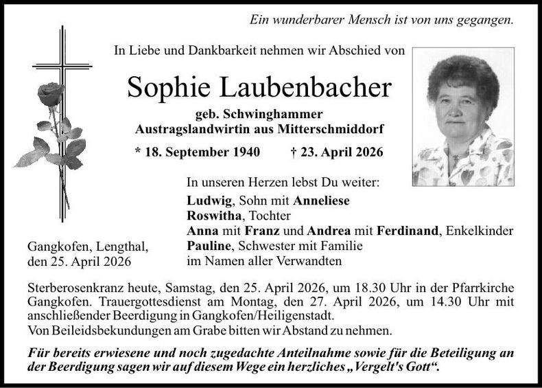 Traueranzeige Sophie Laubenbacher