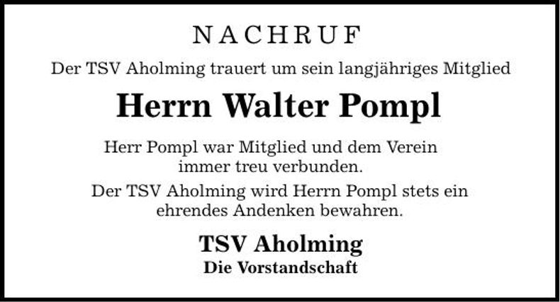 Traueranzeige Walter Pompl