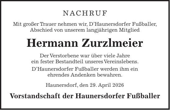 Traueranzeige Hermann Zurzlmeier