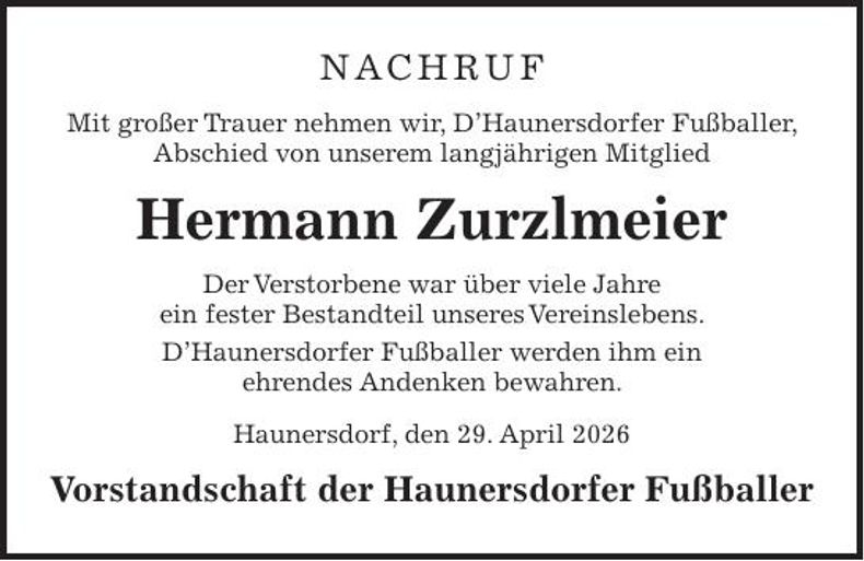 Traueranzeige Hermann Zurzlmeier