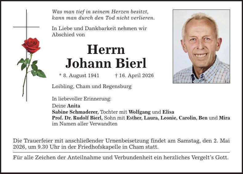 Traueranzeige Johann Bierl