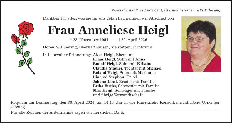 Traueranzeige Anneliese Heigl