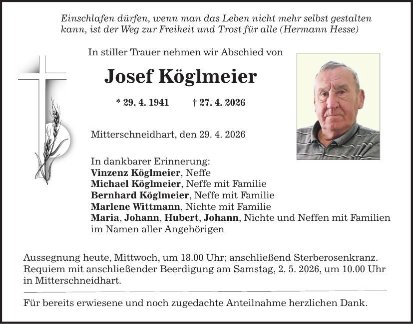 Traueranzeige Josef Köglmeier