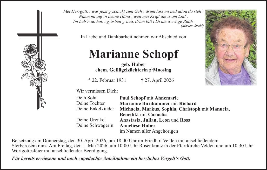 Traueranzeige Marianne Schopf