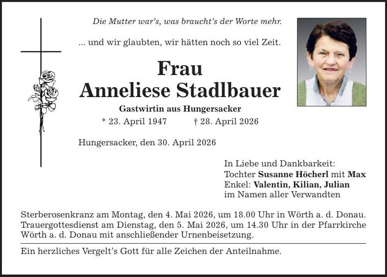 Traueranzeige Anneliese Stadlbauer