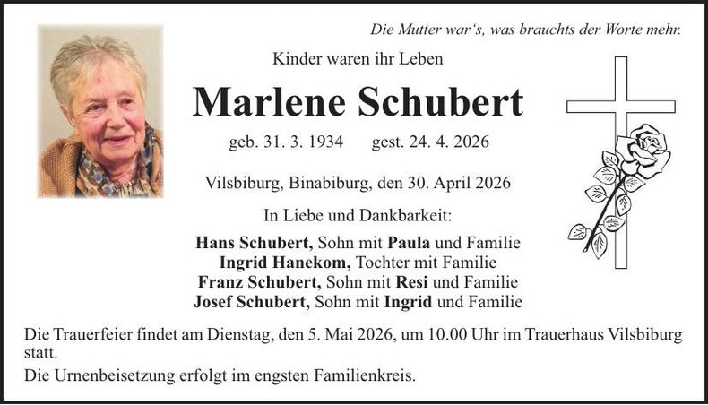 Traueranzeige Marlene Schubert