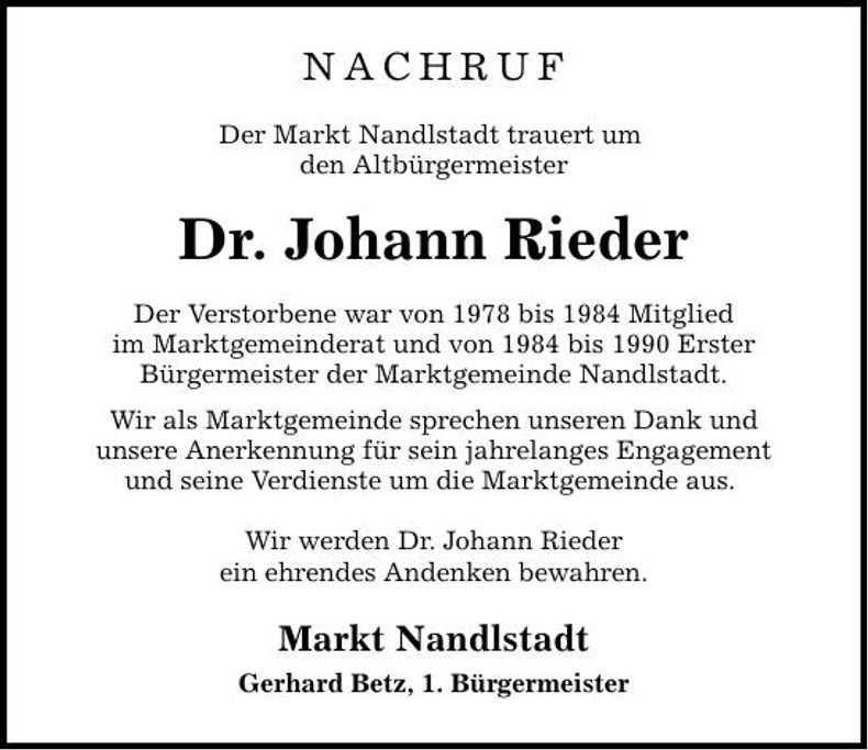 Traueranzeige Johann Dr Rieder