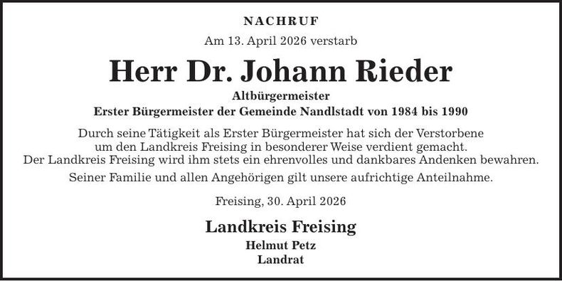 Traueranzeige Johann Dr. Rieder