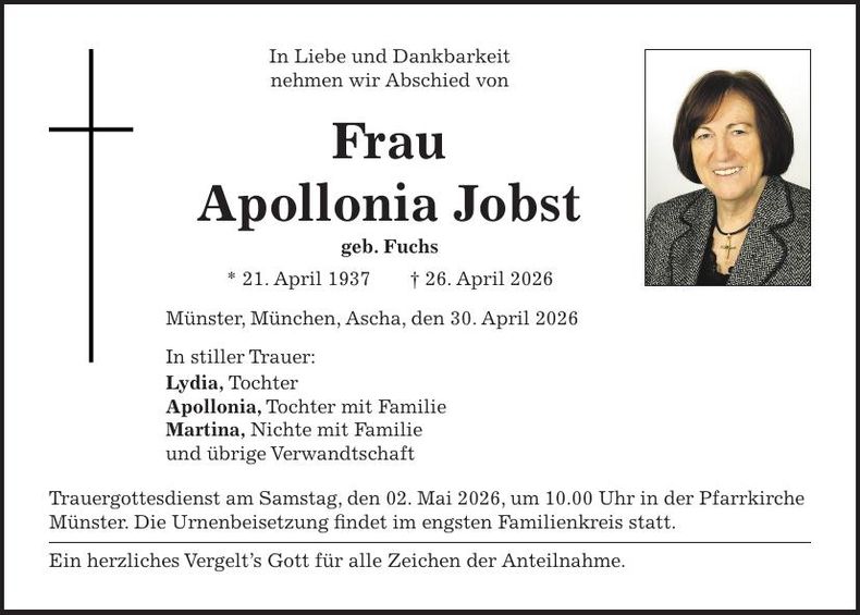 Traueranzeige Apollonia Jobst