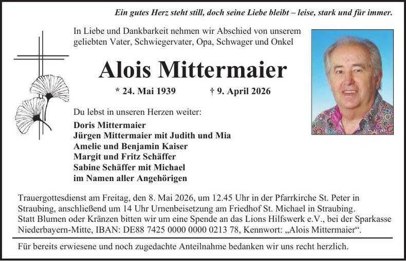 Traueranzeige Alois Mittermaier