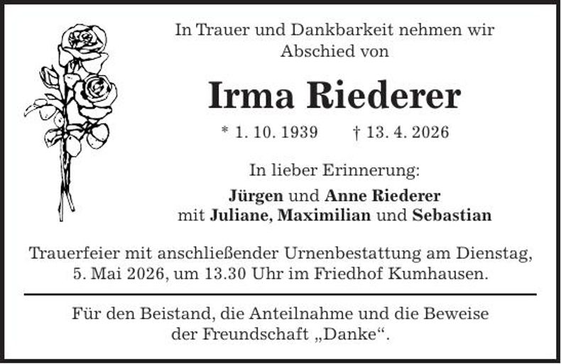 Traueranzeige Irma Riederer
