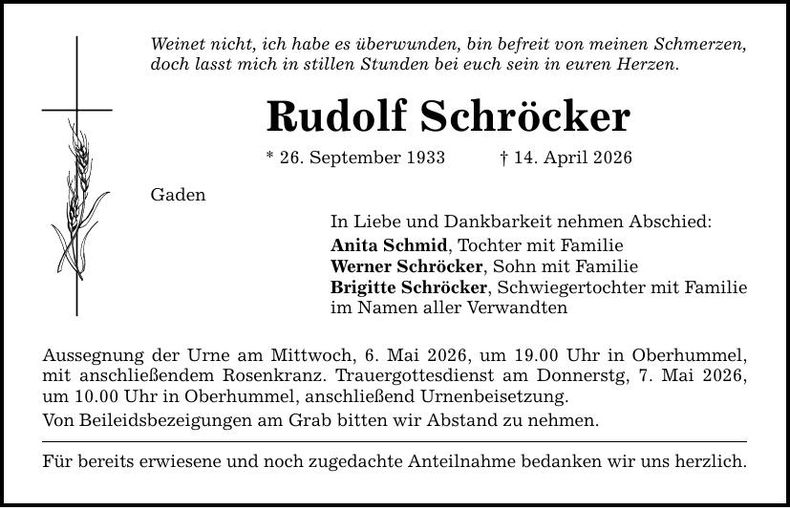 Traueranzeige Rudolf Schröcker