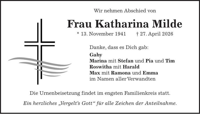 Traueranzeige Katharina Milde