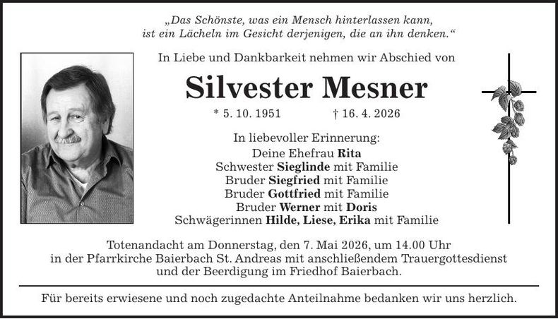 Traueranzeige Silvester Mesner