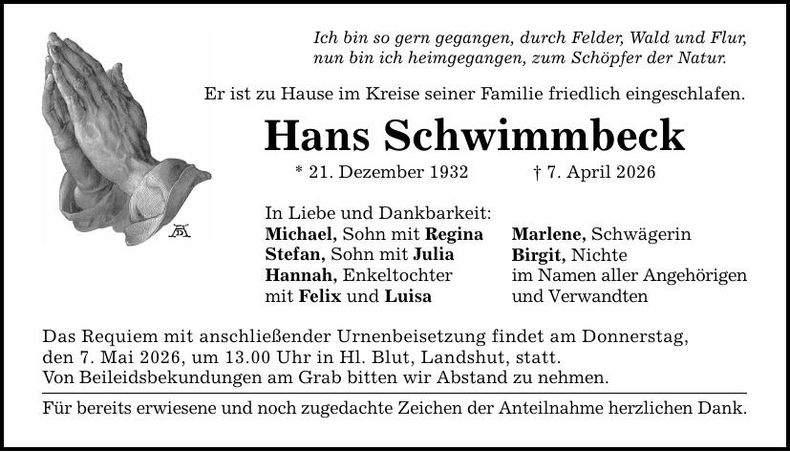 Traueranzeige Hans Schwimmbeck