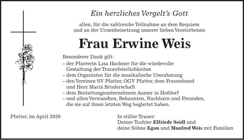 Traueranzeige Erwine Weis