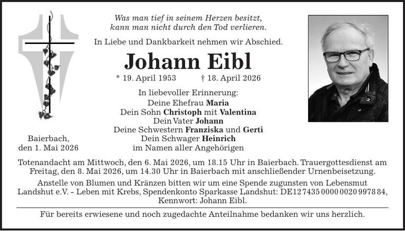 Traueranzeige Johann Eibl
