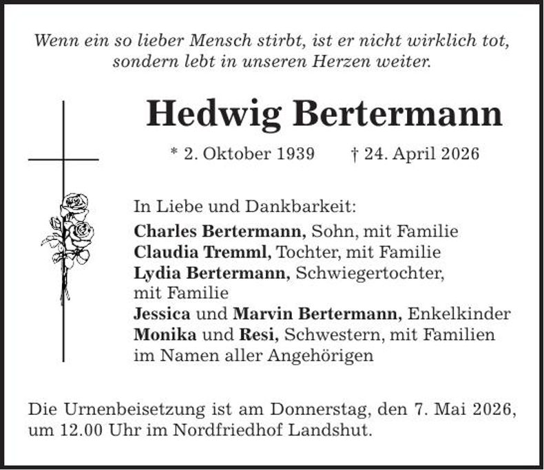 Traueranzeige Hedwig Bertermann