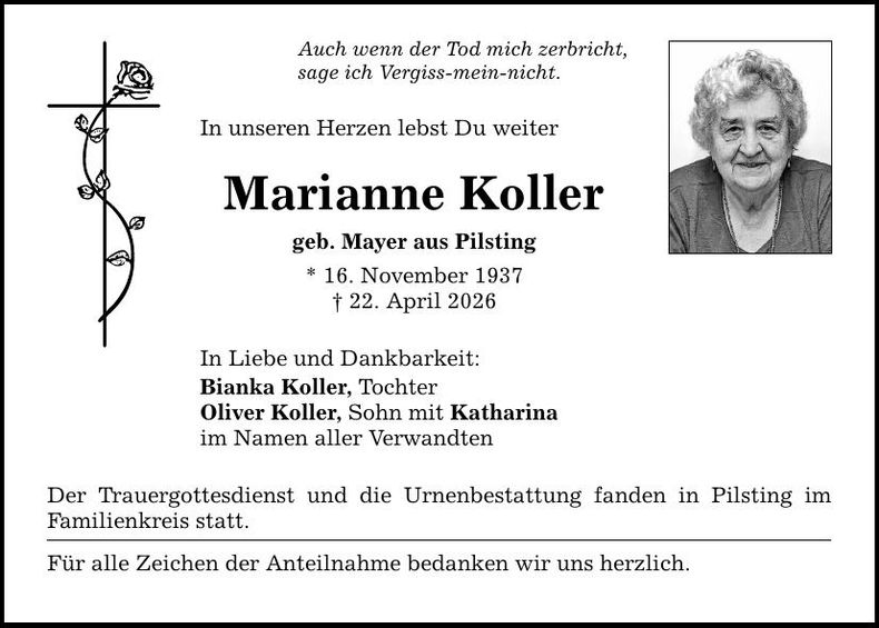 Traueranzeige Marianne Koller