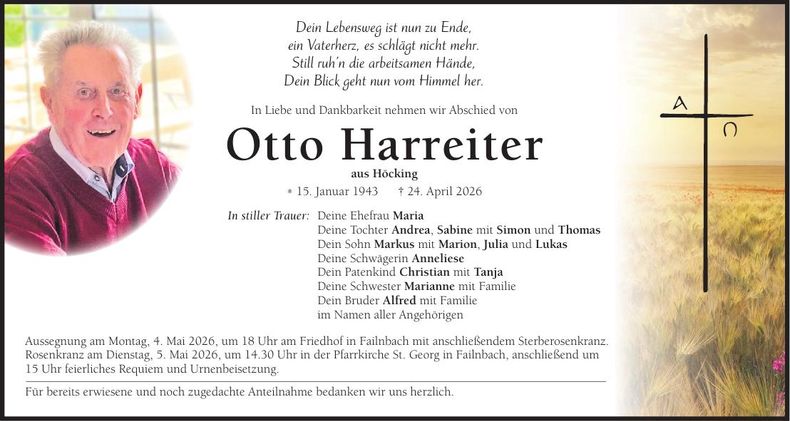 Traueranzeige Otto Harreiter
