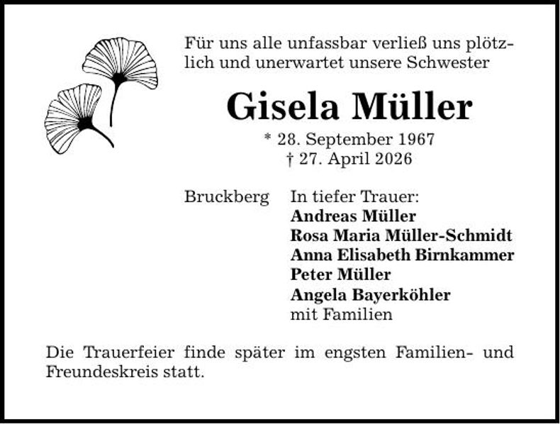 Traueranzeige Gisela Müller