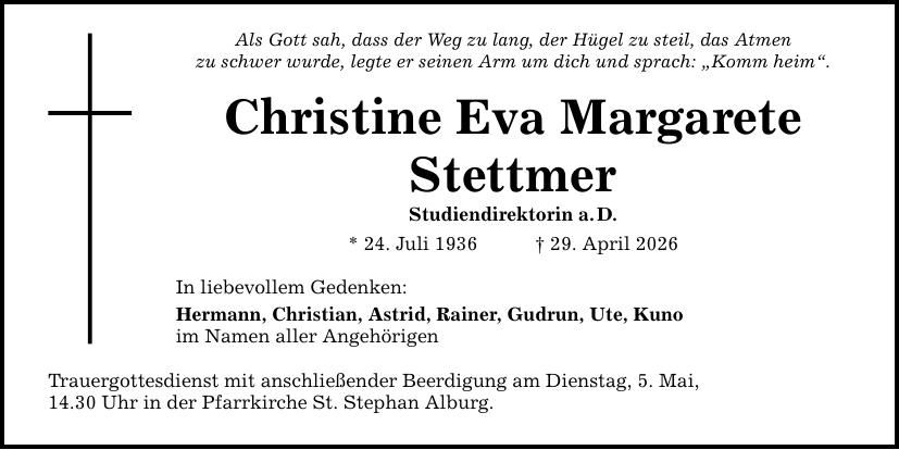 Traueranzeige Christine Eva Margarete Stettmer