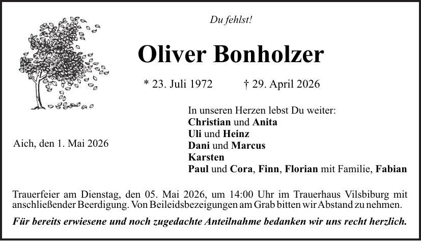 Traueranzeige Oliver Bonholz