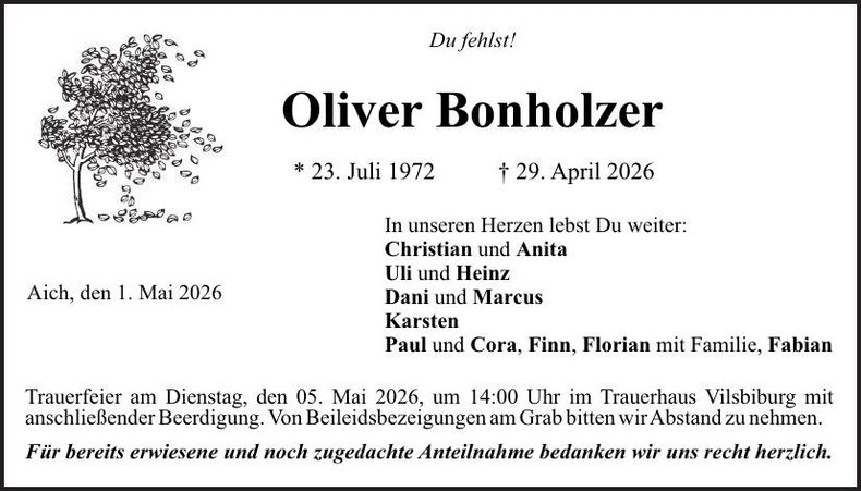 Traueranzeige Oliver Bonholz