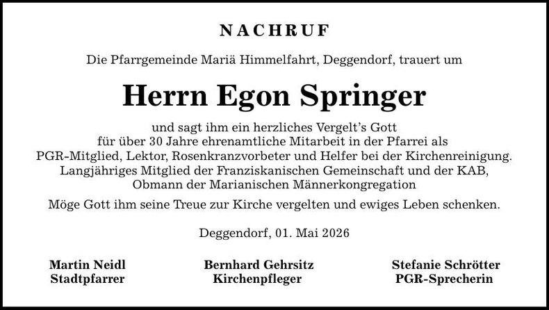Traueranzeige Egon Springer